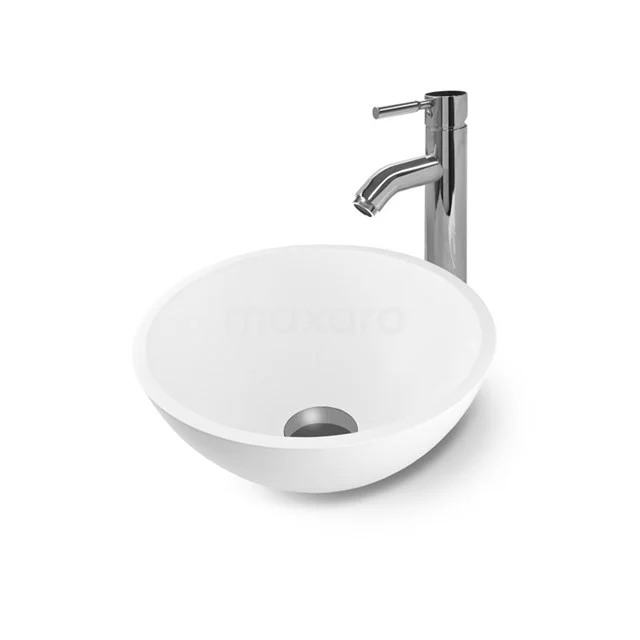 Aufsatzwaschbecken Mintra Solid Surface Matt Weiß 30x13cm Rund M120-0061 Runde weiße keramische Waschbecken mit Wasserhahn, modernes Design, ideal für stilvolle Badezimmergestaltung.