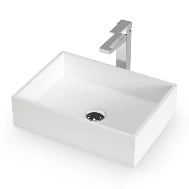 White rectangular basin, sleek design, ceramic, with modern chrome tap; ideal for a stylish bathroom.