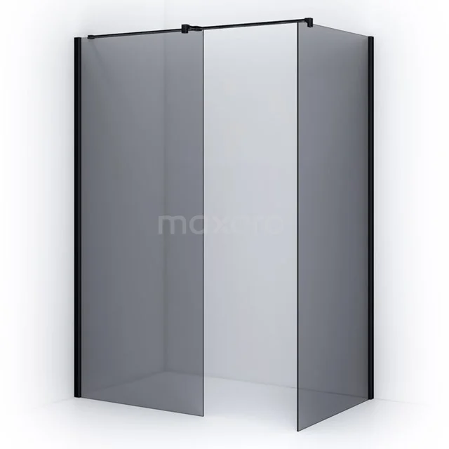 Corner shower enclosure with matt black aluminium profile, clear glass and minimalist design for a modern bathroom style.