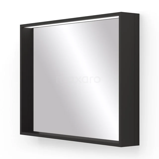 Schwarzer Wandspiegel mit LED-Beleuchtung, modernes rechteckiges Design, ideal für Badezimmergestaltung.