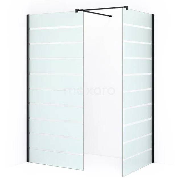 Double shower screen with frosted glass and black profiles, modern style for a stylish bathroom layout.