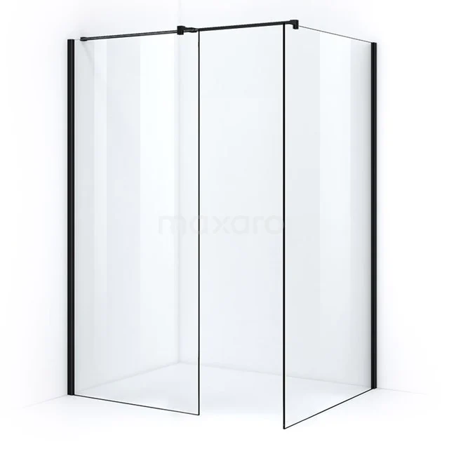 Corner shower enclosure with black frame, clear glass, modern style; perfect addition for a stylish bathroom.