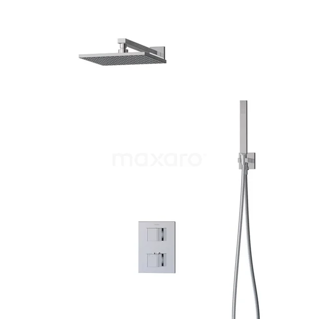 Viereckige Edelstahl-Regendusche mit Handbrause und Thermostat, modernes Design für luxuriöse Badezimmererfahrung.