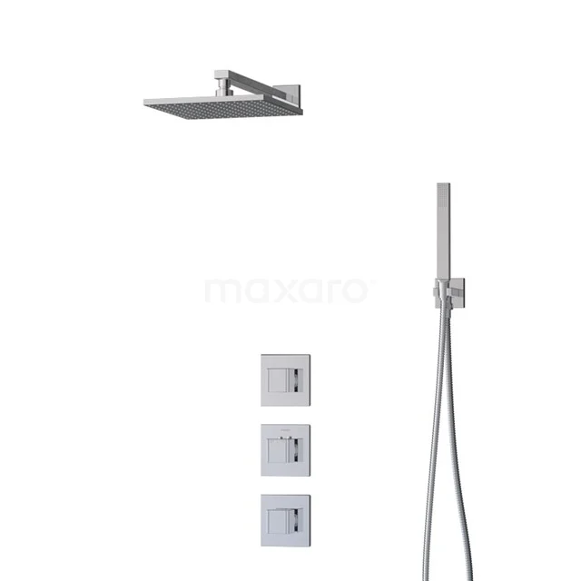 Cubic Rain shower Built-in | Chrome 25 cm Rain shower Thermostatic BIC22-00008 Square rain shower set in brushed stainless steel with handheld shower and thermostatic controls, ideal for modern bathroom style.