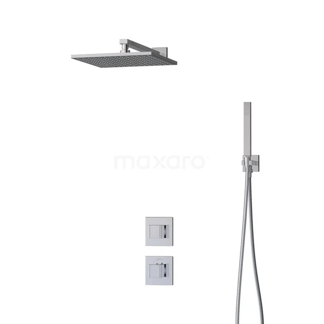 Stainless steel shower set with square rain shower, handheld shower and built-in rectangular enclosure; stylish for modern bathrooms.