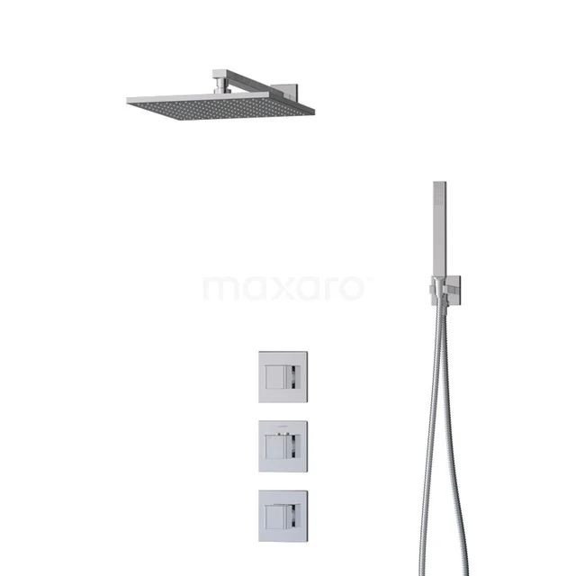 Square rain shower set in brushed stainless steel, including handheld shower and thermostatic mixer, ideal for luxury bathrooms.