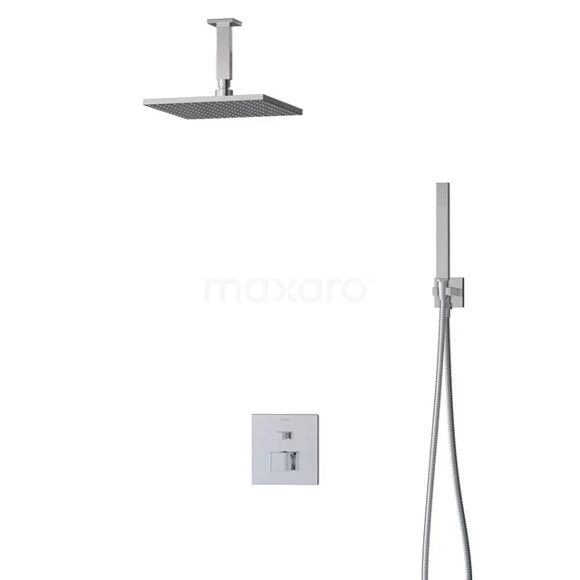 Viereckige Regendusche Set, Chrom, einschließlich Wandhandbrause und Einbau-Thermostat, ideal für moderne Badezimmerstil.