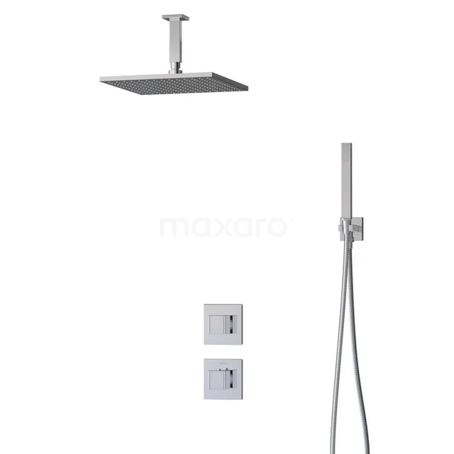 Square rain shower set with handheld shower, chrome finish, modern design for luxurious bathroom.