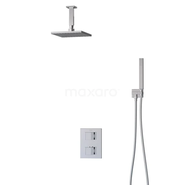 Viereckige Regendusche-Set mit Chromverarbeitung, integrierte Thermostatarmatur und Handbrause für moderne Badezimmerstil.