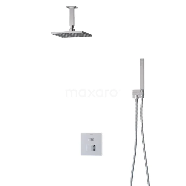 Minimalistische quadratische Regenduschen-Set in Chrom, einschließlich Handbrause und Deckenmontage; ideal für ein modernes Badezimmer.