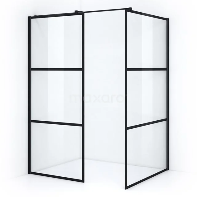 Black industrial shower screen with clear glass and matte black frames, perfect for a modern bathroom style.