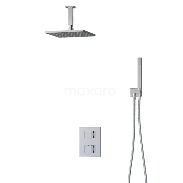 Viereckige Regendusche mit Edelstahl-Ausstattung, Handbrause und Thermostatarmatur, ideal für ein modernes Design-Badezimmer.