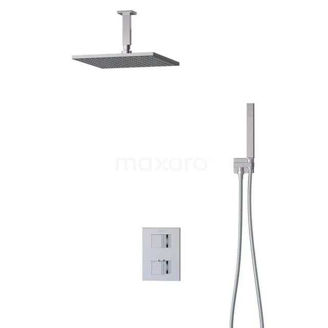 Edelstahl Einbauregenduschen mit quadratischer Dusche, Handbrause und Thermostatarmatur für ein modernes Badezimmer.