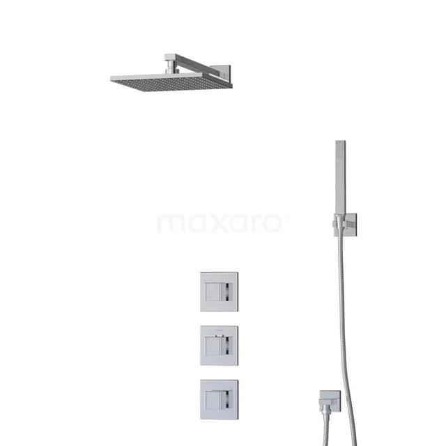 Square rain shower set with chrome finish and recessed thermostat, including handheld shower, perfect for a modern bathroom.