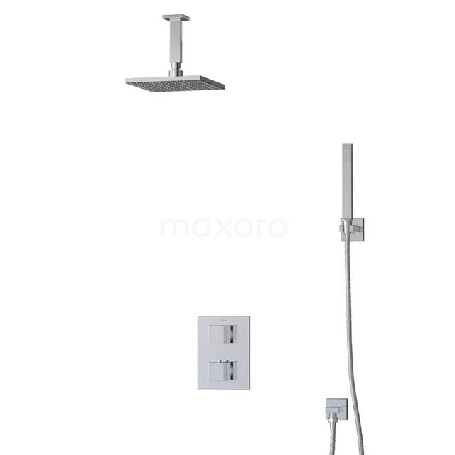 Viereckige Regendusche Set, Edelstahl, Deckenmontage mit Handbrause und Thermostatarmatur, ideal für ein modernes Badezimmer.