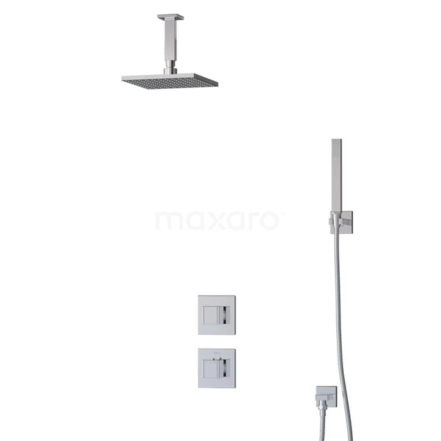 Chrome square rain shower set, including handheld shower and concealed thermostat; modern design for luxurious bathroom experience.