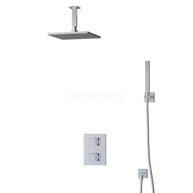 Viereckige Regendusche Set, Chrom, mit Handbrause und Thermostatarmatur, ideal für ein modernes Badezimmer.