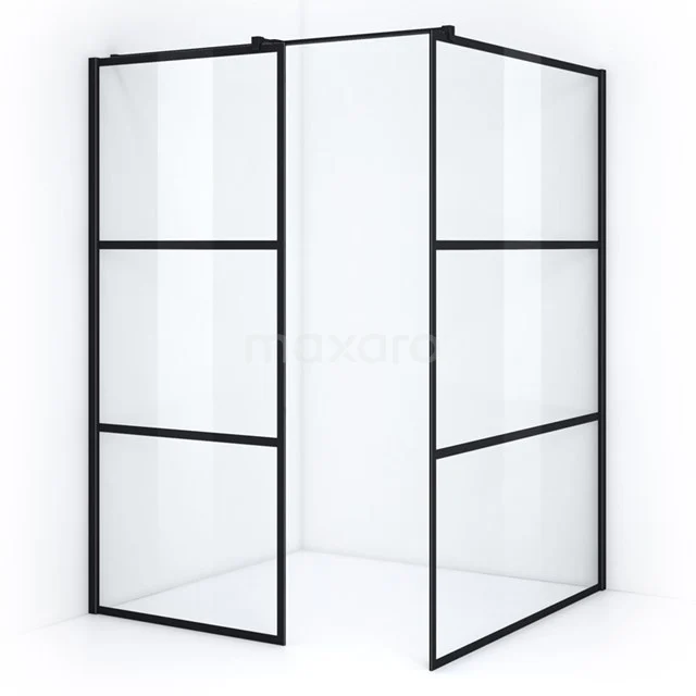 Pearl Walk-in shower | 140x80 cm Matte black Clear with 4 black stripes 2 fixed walls IPB0814408M Industrial shower screen with black frame and clear glass, stylish addition for a modern bathroom.