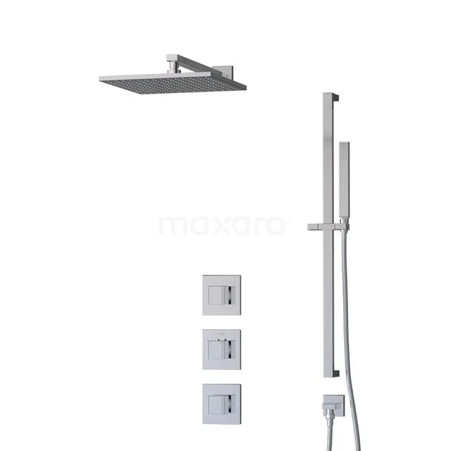 Vierteilige moderne Regendusche-Set mit quadratischer Chromform, eingebautem Thermostat und Handbrause; luxuriös für jedes Badezimmer.