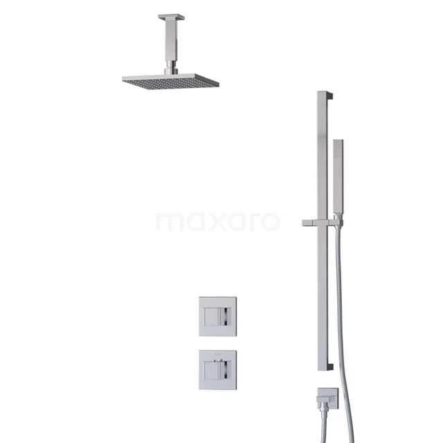 Square, stainless steel shower head with wall-mounted grab bar and handheld shower, modern design; ideal for a stylish bathroom upgrade.