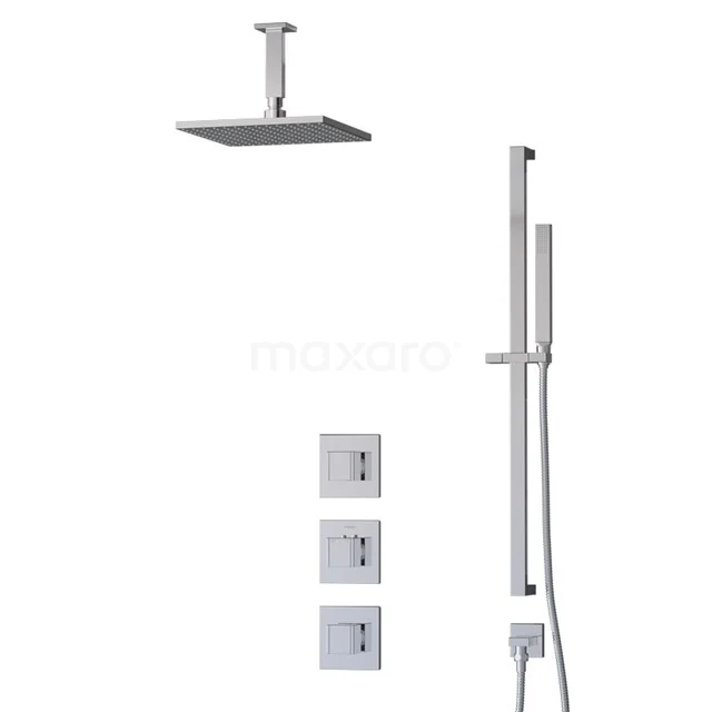 Four-piece rain shower set in chrome, including ceiling shower, handheld shower and thermostatic knobs for luxury bathrooms.