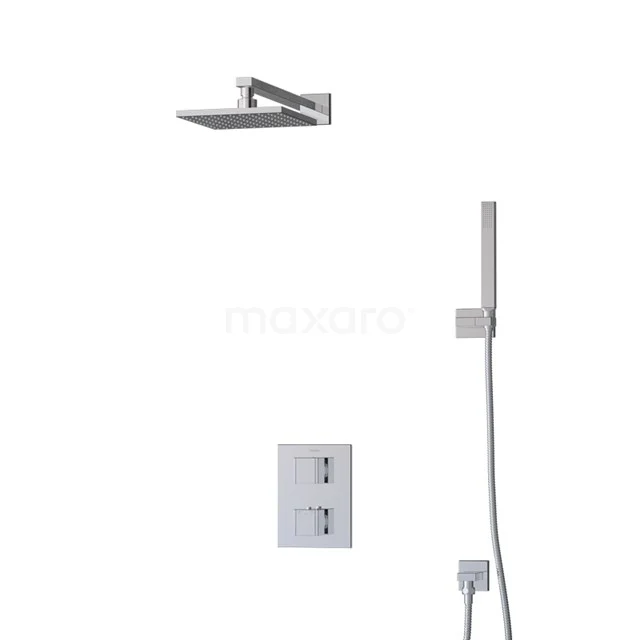 Edelstahl Einbau Regenduschen mit quadratischem Duschkopf und Handbrause, modernes Design, ideal für luxuriöse Badezimmergestaltung.