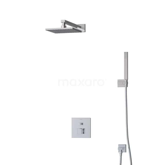 Eckige mat-chromatische Regendusche-Set mit Handbrause und quadratischer Wandbefestigung, ideal für einen modernen Badezimmerstil.