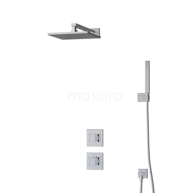 Square stainless steel wall-mounted rain shower set, including handheld shower and concealed bath tap in modern design.