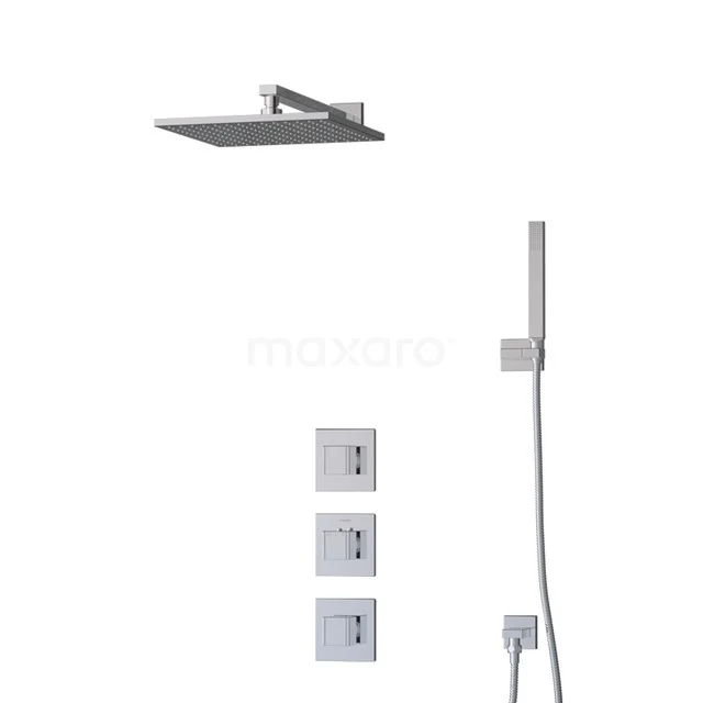 Stainless steel built-in rain shower set with square shower head, handheld shower and thermostatic mixer, ideal for a modern bathroom.