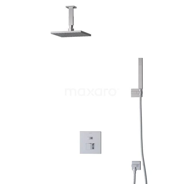 Viereckige Edelstahl Regendusche Set mit Handbrause, Deckenmontage, inklusive Einbau-Thermostat - modernes Badezimmerdesign.