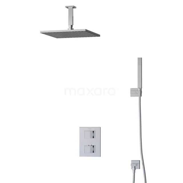 Viereckige Regendusche-Set, Chrom, mit Thermostat und Handbrause. Perfekt für ein modernes Badezimmer. Minimalistisches Design.
