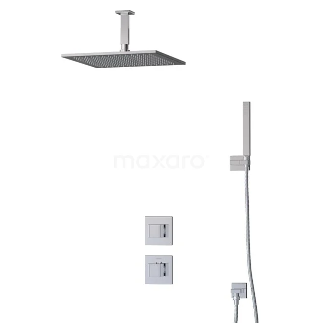 Square rain shower set, stainless steel, ceiling-mounted, with integrated handheld shower; stylish for modern bathrooms.