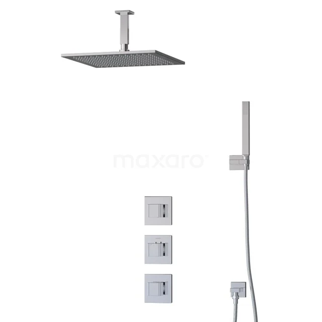 Inbouw Regenduschen-Set quadratisch Edelstahl, mit Deckenmontage und zusätzlicher Handbrause, modernes Design ideal für luxuriöse Bäder.