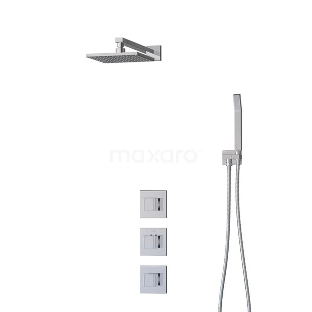 Square enclosure rain shower set in chrome with handheld shower, including three built-in controls. Modern bathroom design.