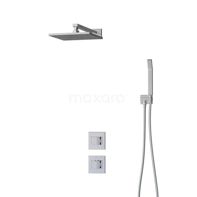 Regendusche-Set Cubic Chrom 25cm Einbau-Thermostat Chrom BIC22-00147 Inbouw Regenduschen Duschset Chrom quadratisch, einschließlich Handbrause und Thermostatknöpfen, ideal für ein modernes Badezimmer.
