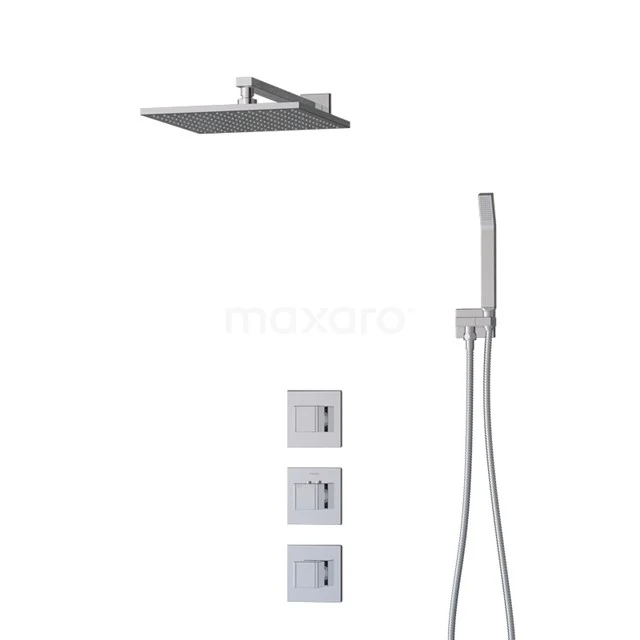 Rectangular rain shower with matte silver finish, including handheld shower and recessed buttons for a modern bathroom.