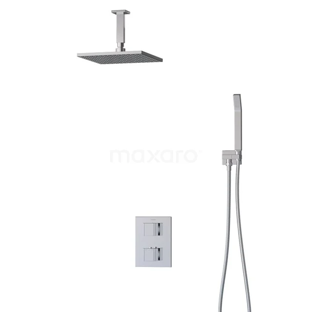 Inbouw Duschset Chrom, quadratische Regendusche und Handbrause mit Thermostatarmatur, ideal für ein modernes Badezimmer.
