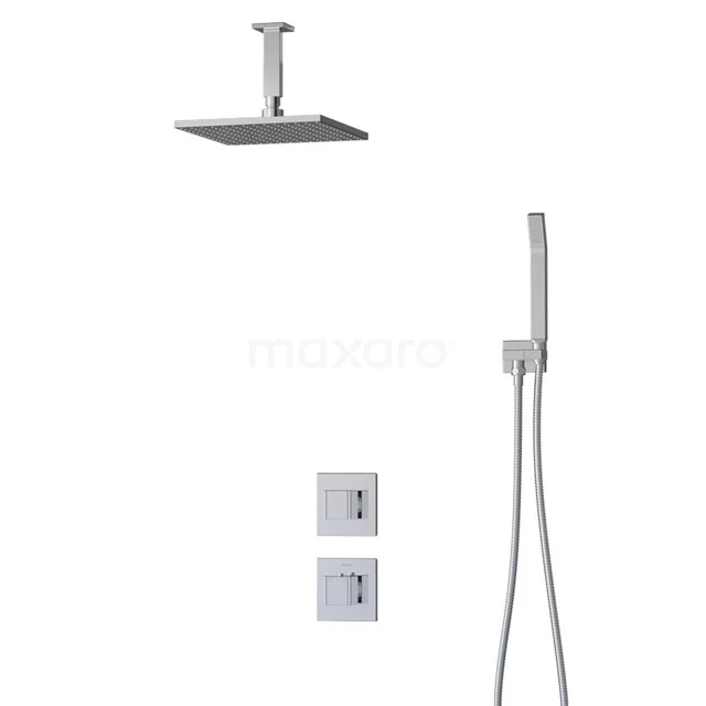 Cubic Rain shower Built-in | Chrome 25 cm Rain shower Thermostatic BIC22-00159 Square rain shower set, chrome-coloured, including handheld shower and tightly integrated recessed control panels for the bathroom.