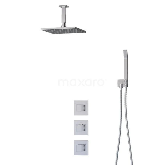 Cubic Rain shower Built-in | Chrome 25 cm Rain shower Thermostatic BIC22-00160 Square rain shower set with chrome finish, including handheld shower and concealed thermostat, ideal for a modern bathroom.