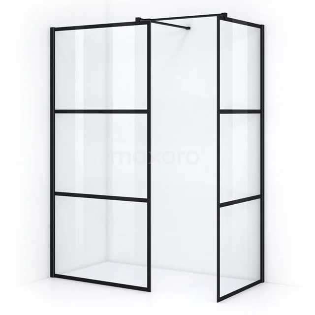Schwarze industrielle Duschwand mit Klarglas, klaren Linien und Stahlrahmen, ideal für einen modernen Badezimmerstil.