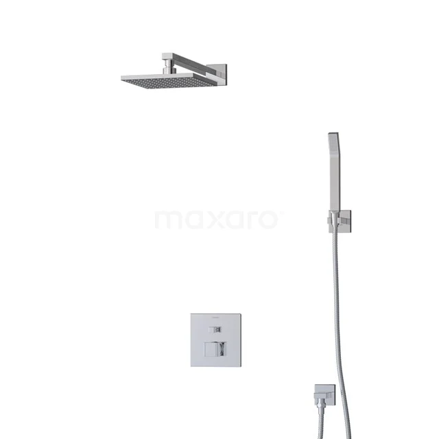 Viereckige chromatische Regendusche-Set mit Handbrause, Thermostatarmatur und Wandbefestigung, ideal für ein modernes Badezimmer.