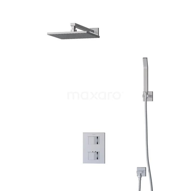 Viereckige Edelstahl-Regendusche mit Thermostatarmatur und Handbrause, modernes Design für ein luxuriöses Badezimmer.