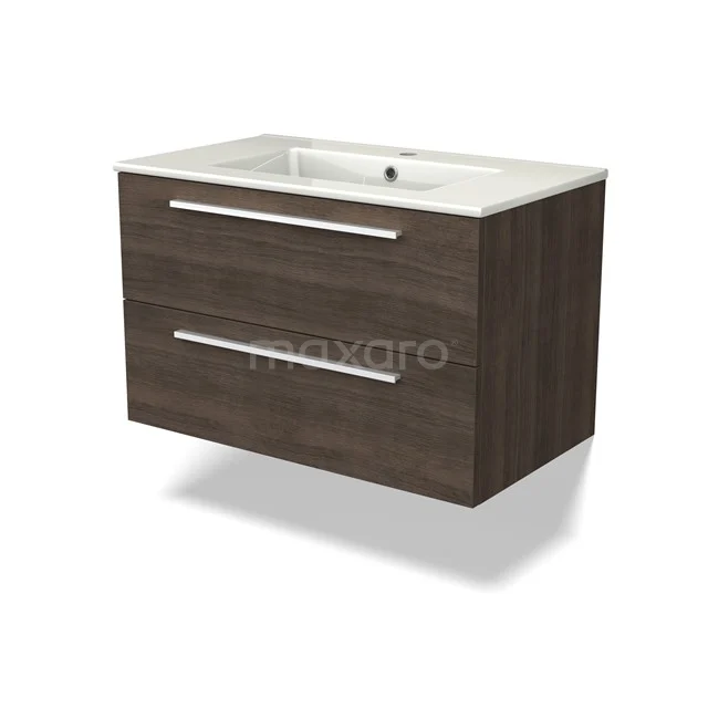 Canto Badkamermeubel met wastafel | 80 cm Donkerbruin essen front Keramiek 2 lades onder elkaar BMW02-00021