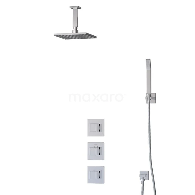 Cubic Rain shower Built-in | Chrome 20 cm Rain shower Thermostatic BIC22-00184 Square stainless steel rain shower set with concealed thermostat and handheld shower, ideal for a modern bathroom.