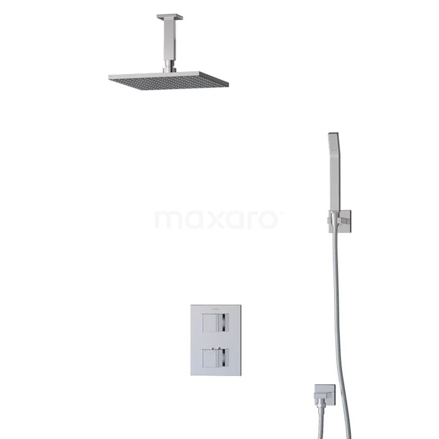 Viereckige chromatische Regendusche mit Handbrause, integrierte Thermostatarmatur, modernes Design ideal für ein stilvolles Badezimmer.