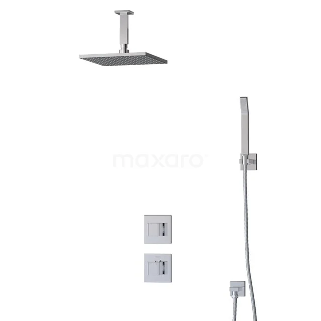 Cubic Rain shower Built-in | Chrome 25 cm Rain shower Thermostatic BIC22-00187 Chrome square rain shower set with handheld shower, thermostatic mixer and ceiling mount; modern design for luxury bathrooms.