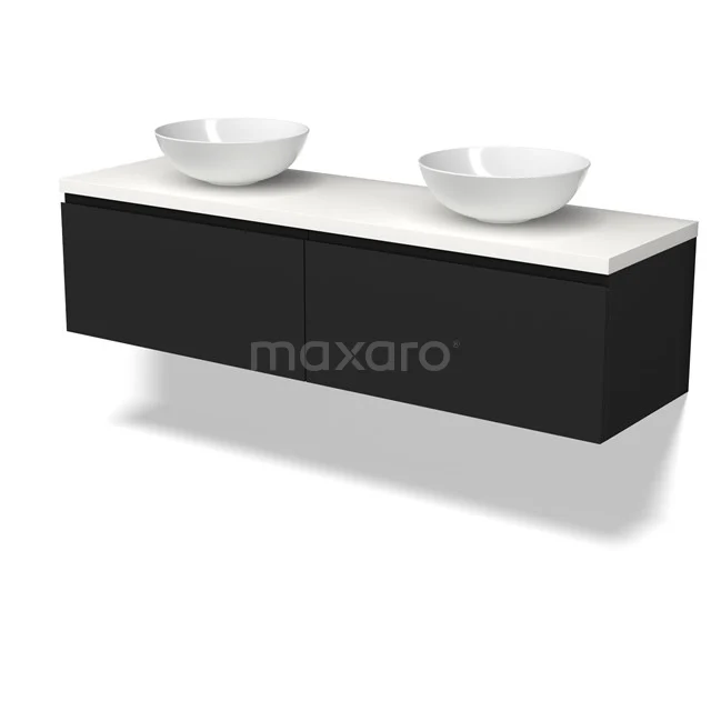 Modulo Plato Badmöbel mit Aufsatzwaschbecken | 160 cm Matt Schwarz Grifflos front Matt Weiß blatt 2 nebeneinanderliegende Schubladen BMK12-02118