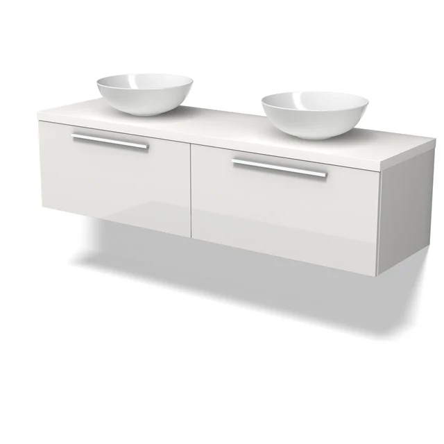 Modulo Plato Badmöbel mit Aufsatzwaschbecken | 160 cm Hochglanz Weiß Flach front Matt Weiß blatt 2 nebeneinanderliegende Schubladen BMK12-02122