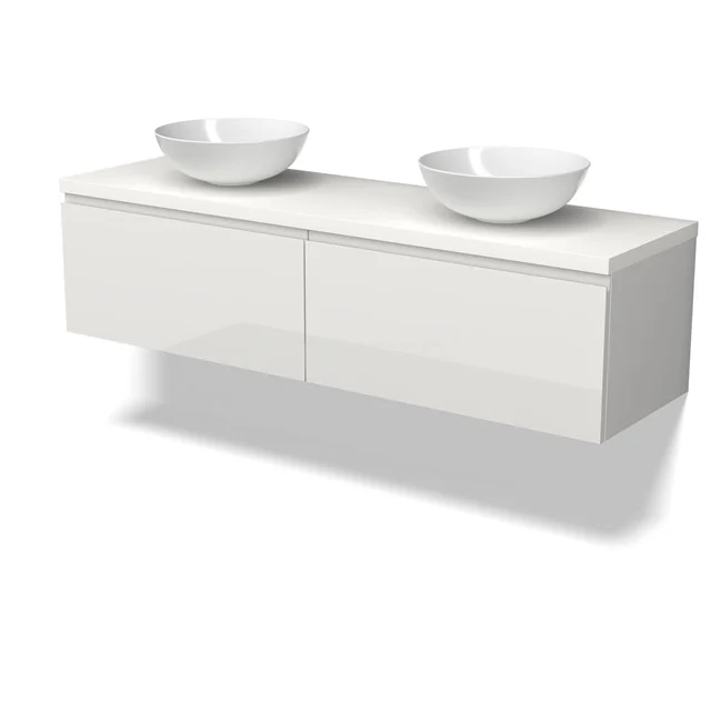 Modulo Plato Badmöbel mit Aufsatzwaschbecken | 160 cm Hochglanz Weiß Grifflos front Matt Weiß blatt 2 nebeneinanderliegende Schubladen BMK12-02124