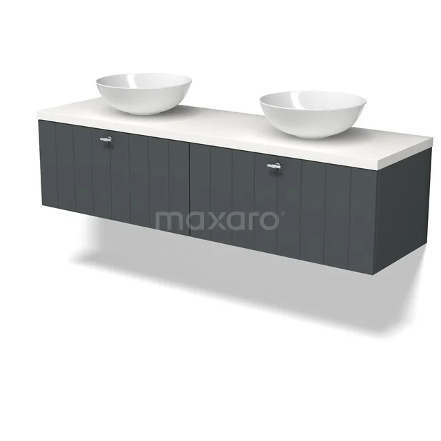 Modulo Plato Badmöbel mit Aufsatzwaschbecken | 160 cm Dunkelgrau Lamelle front Matt Weiß blatt 2 nebeneinanderliegende Schubladen BMK12-02126